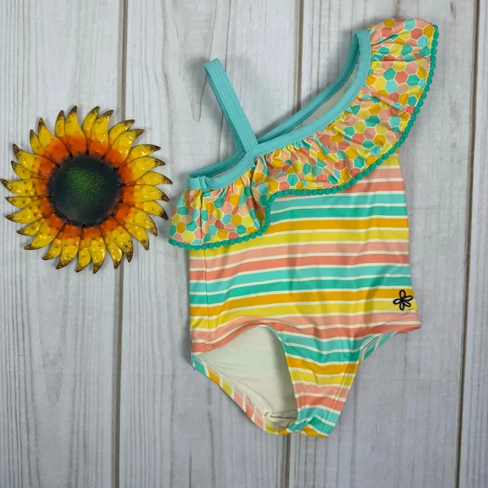 Matilda‎ Jane Kids Girls One Shoulder Swimsuit Rainbow Stripe Ruffle Size 2/2T